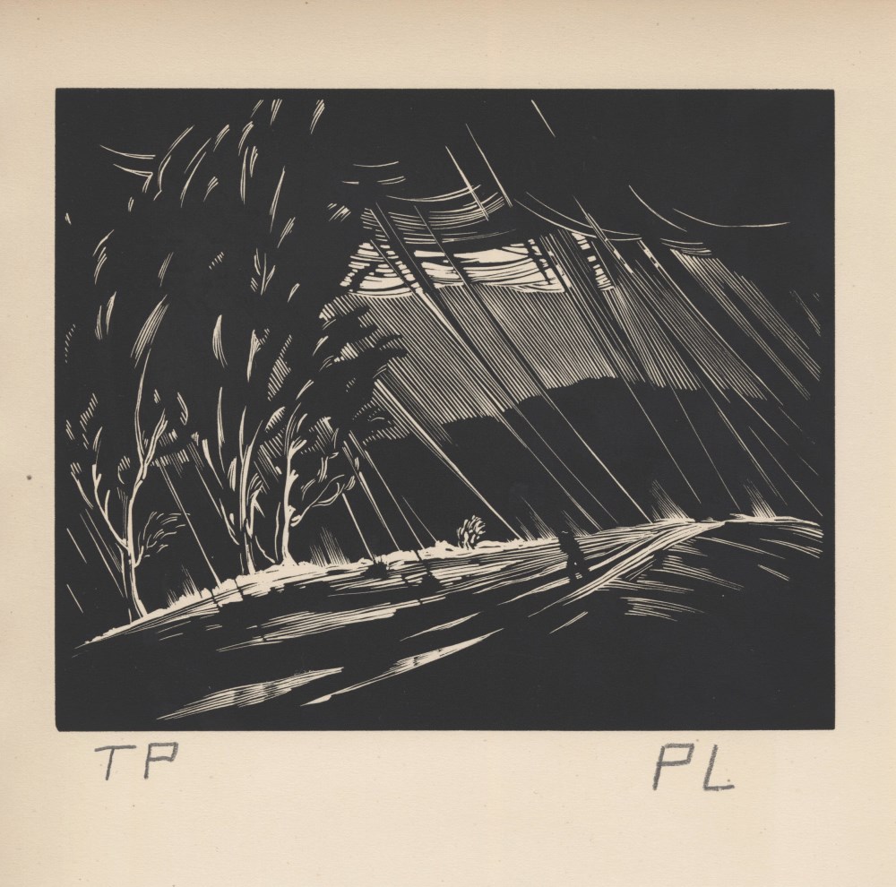 Lot #2026: PAUL LANDACRE - Downpour - Wood engraving