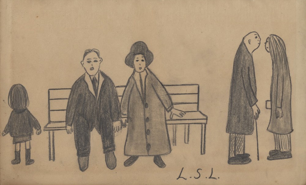 Lot #2547: L. S. LOWRY - Couple Sitting on a Bench - Pencil drawing