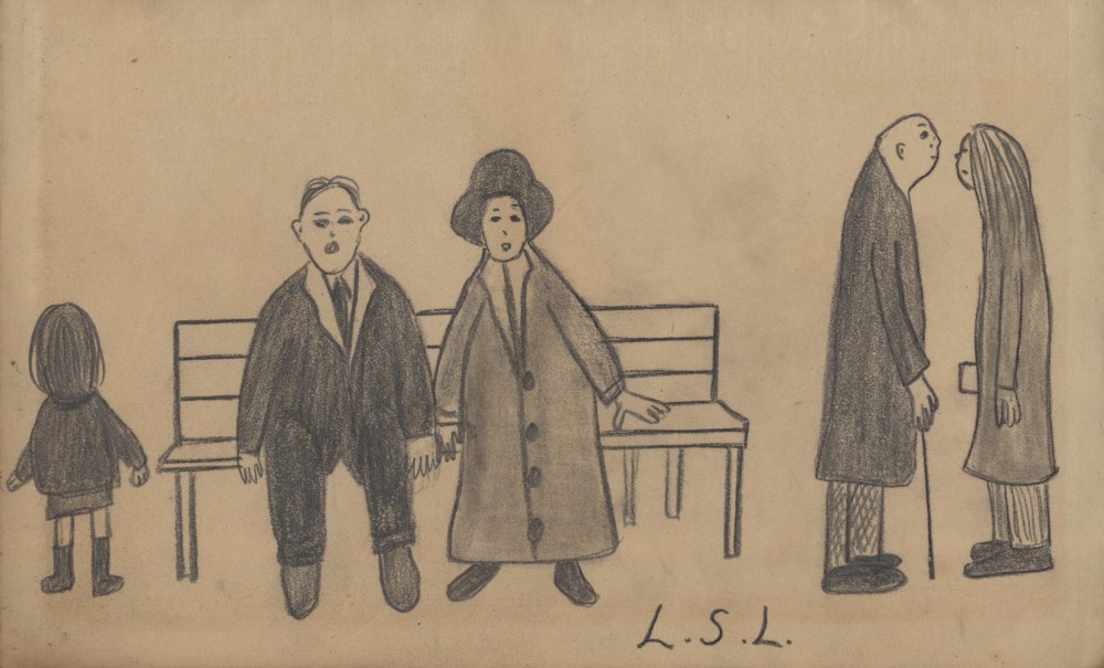 Lot #132: L. S. LOWRY [impute] - Couple Sitting on a Bench - Pencil drawing
