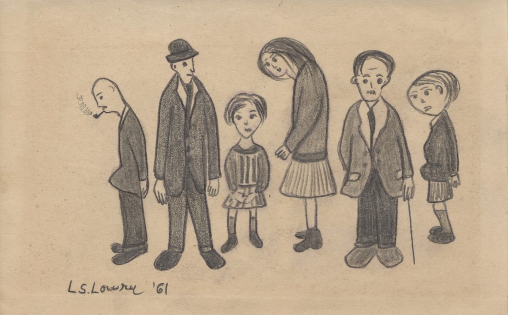 Lot #2559: L. S. LOWRY - Five People and a Man with a Cane - Pencil drawing