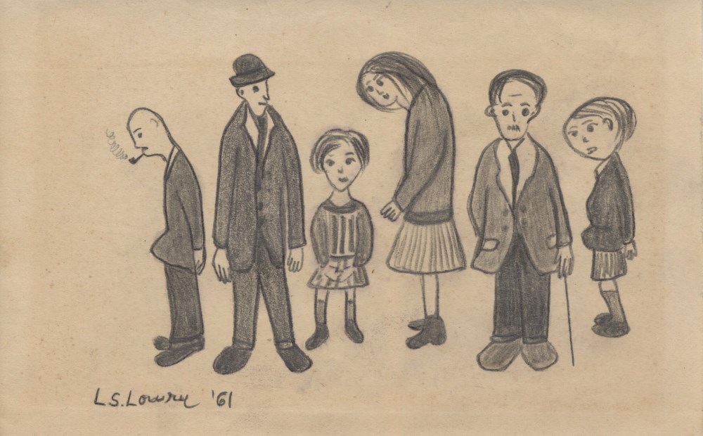 Lot #207: L. S. LOWRY [impute] - Five People and a Man with a Cane - Pencil drawing