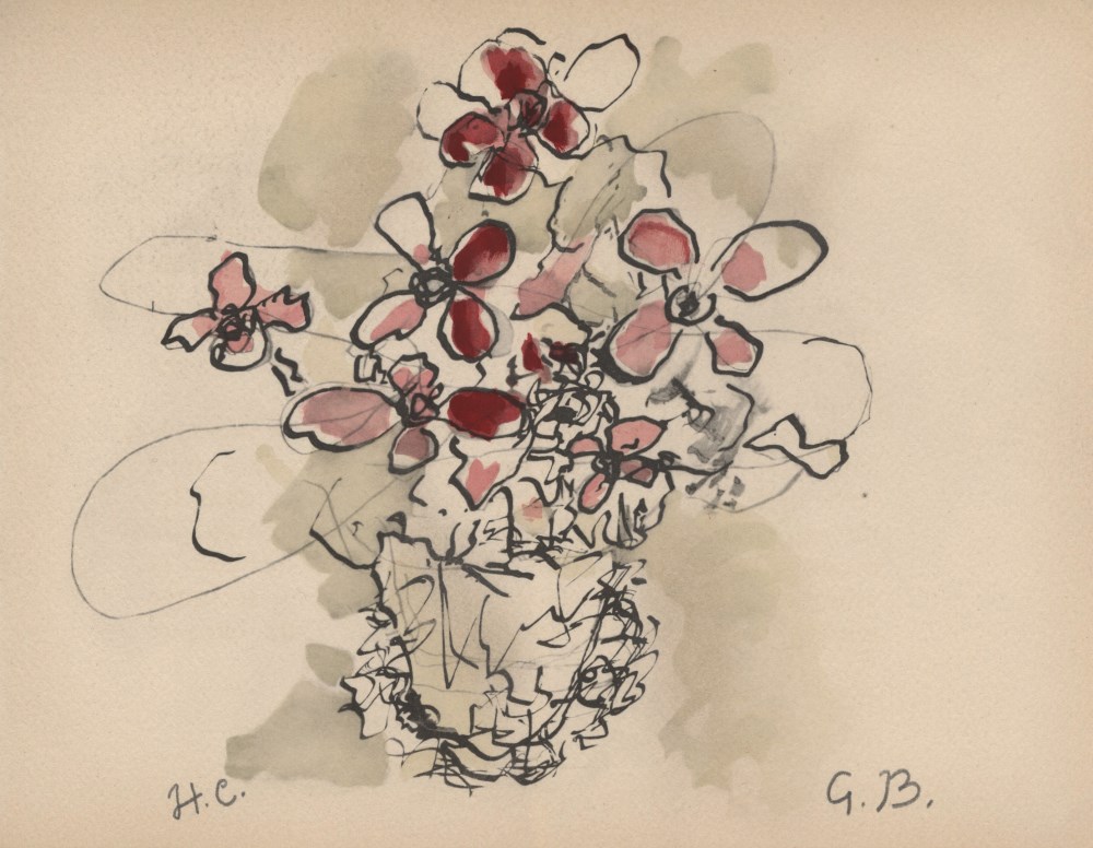 Lot #210: GEORGES BRAQUE - Fleurs rouges - Original hand-colored gouache pochoir on collotype