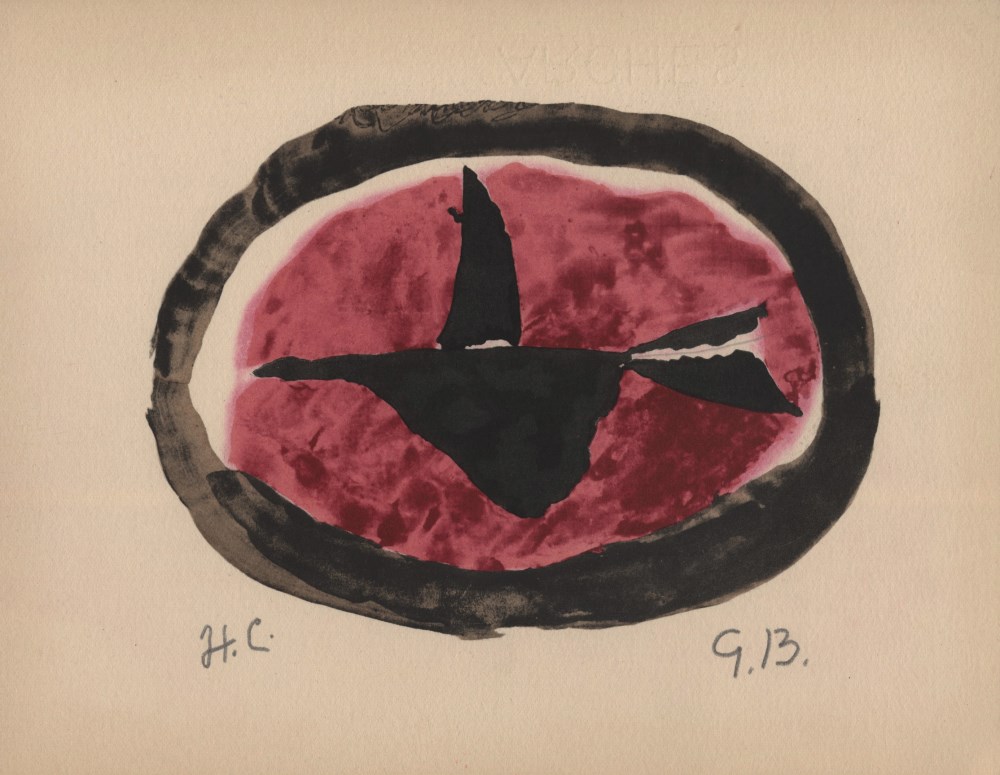 Lot #475: GEORGES BRAQUE - Oiseau au chouchant - Original hand-colored gouache pochoir on collotype