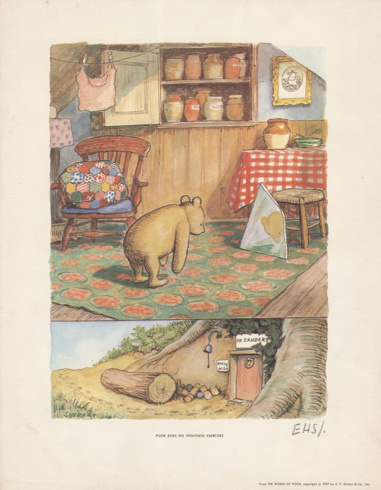 Lot #2742: E(RNEST) H(OWARD) SHEPARD - Pooh Does His Stoutness Exercises - Original color offset lithograph
