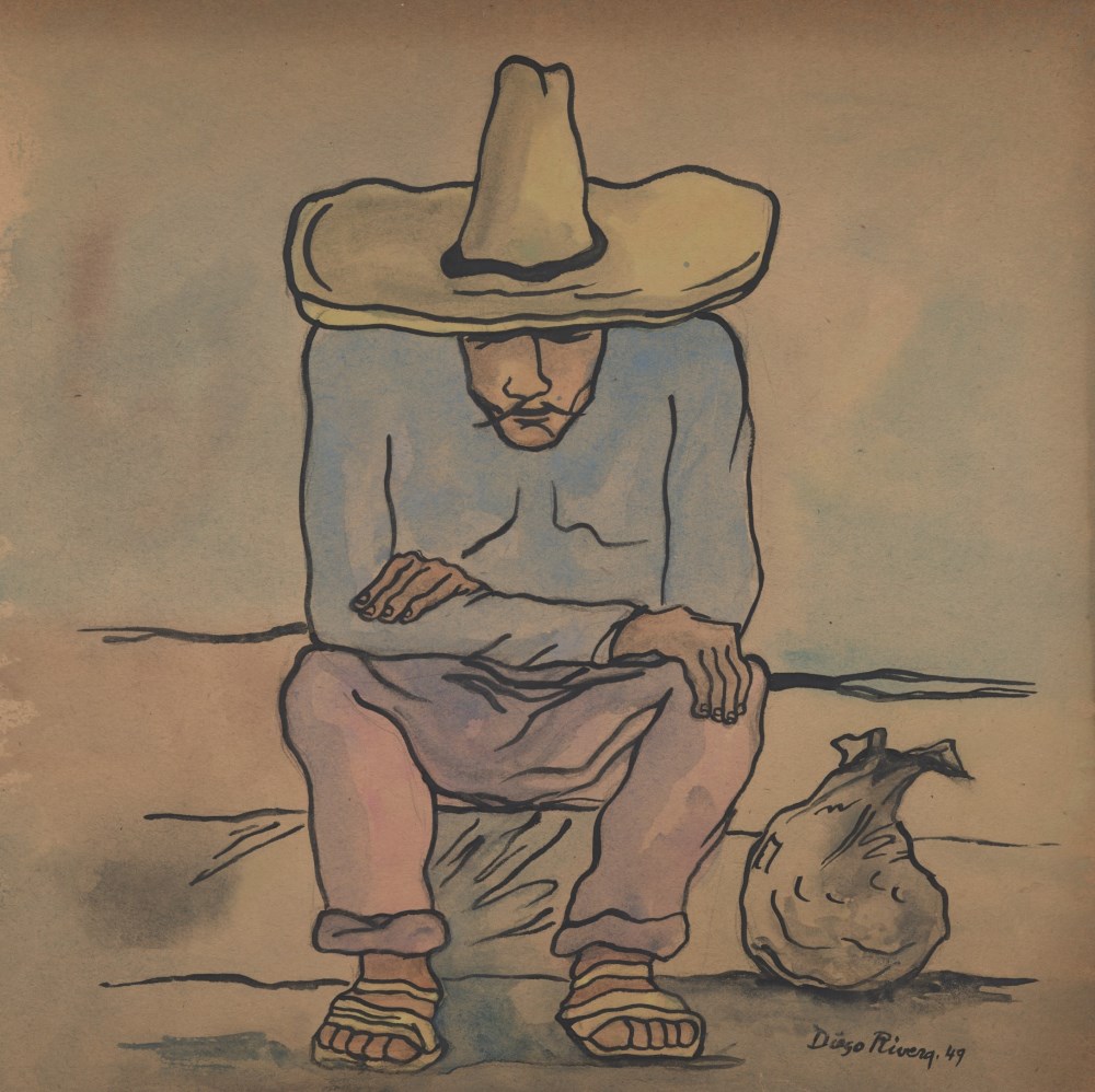 Lot #273: DIEGO RIVERA - Hombre descansando - Watercolor and pen and ink on paper
