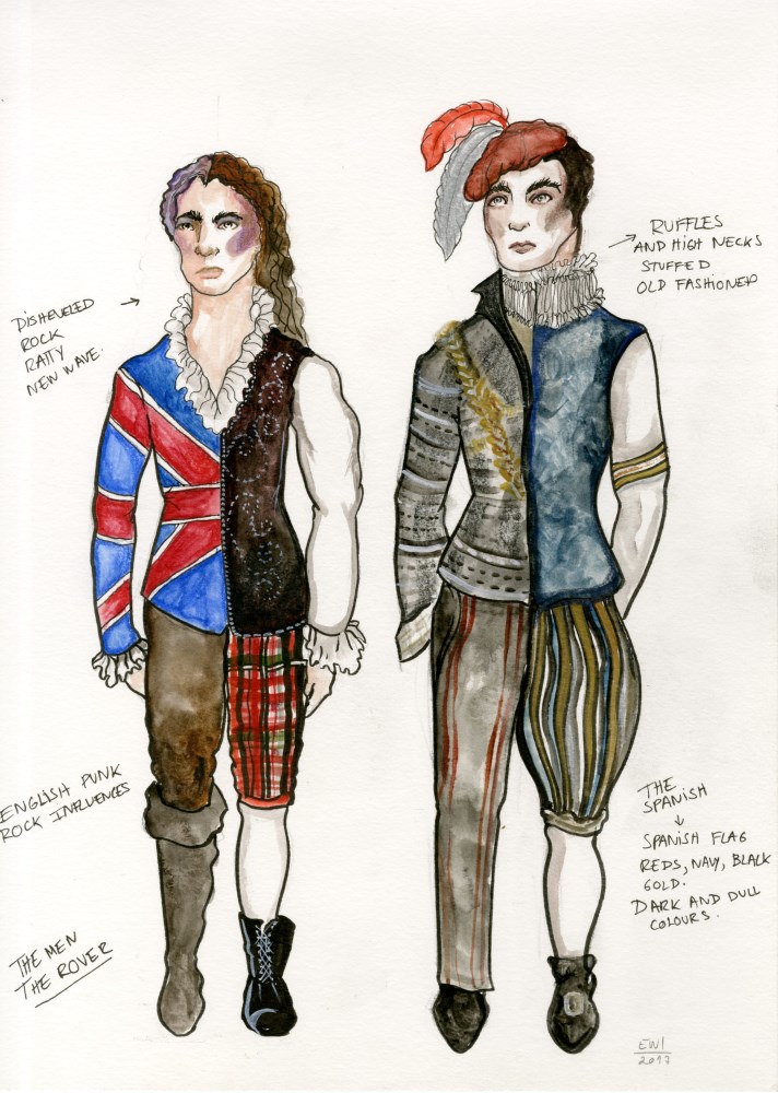 Lot #901: ESTELA WILLIAMS - Costume Design: 'The Rover II' - Watercolor, ink, and colored pencils on paper