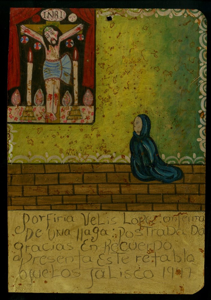 Lot #713: MEXICAN SCHOOL (EX-VOTO ARTIST) 20TH CENTURY - Vintage Ex-Voto/Retablo: Porfiria Velis Lopez - Oil on tin