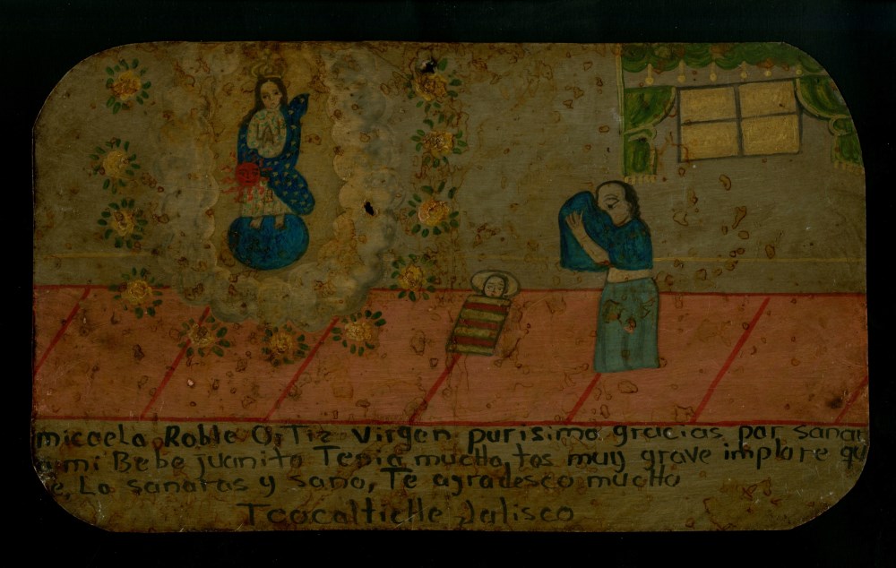 Lot #2697: MEXICAN SCHOOL (EX-VOTO ARTIST) 20TH CENTURY - Vintage Ex-Voto/Retablo: Micaela Roble Ortiz - Oil on tin