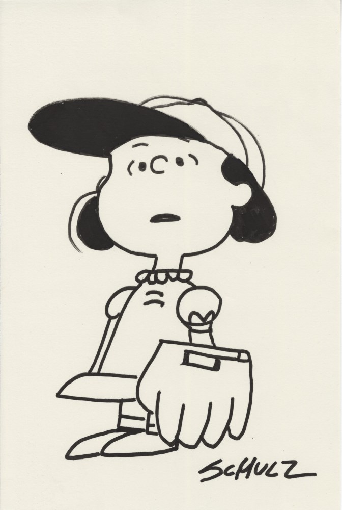 Lot #353: CHARLES SCHULZ - Lucy Playing Baseball - Marker drawing on paper