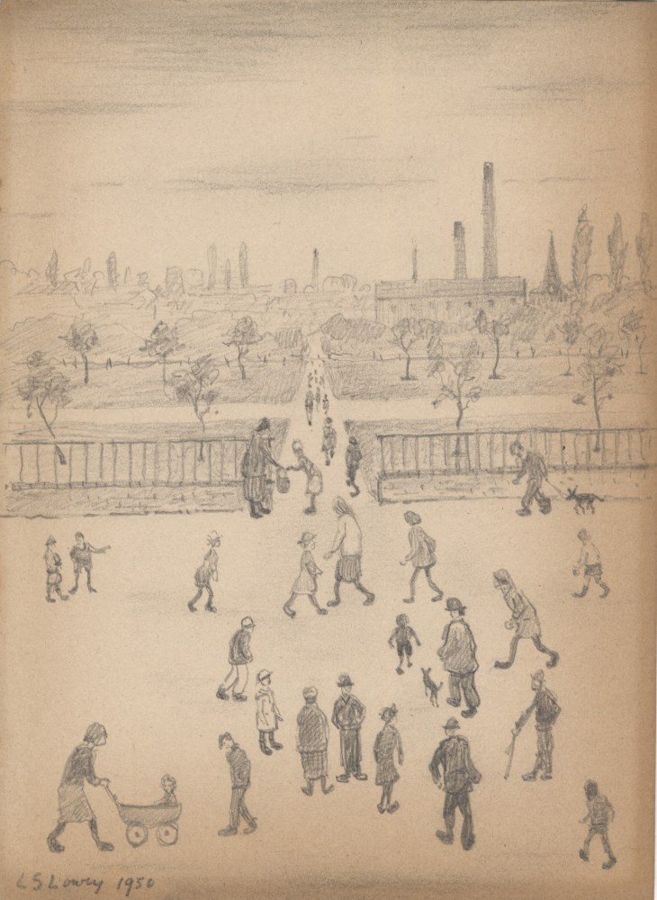 Lot #590: L. S. LOWRY [impute] - Street Scene with Figures - Pencil drawing on paper