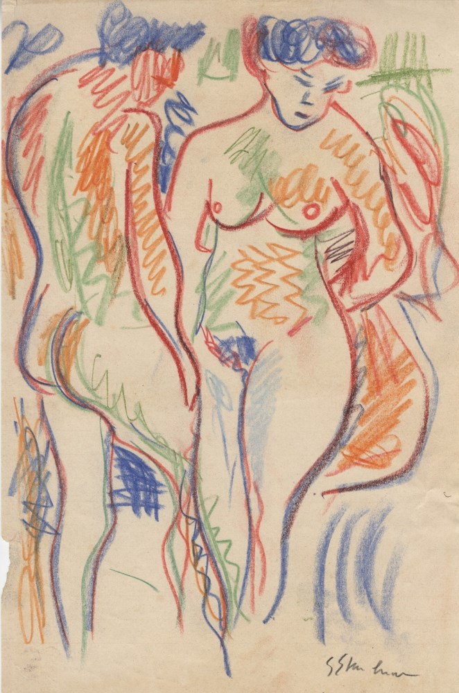 Lot #155: ERNST LUDWIG KIRCHNER - Die Liebenden - Crayon and colored pencil drawing on paper