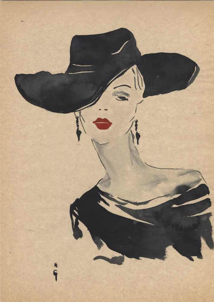 Lot #2081: RENE GRUAU [imputée] - Signora elegante con cappello nero - Watercolor and ink on paper