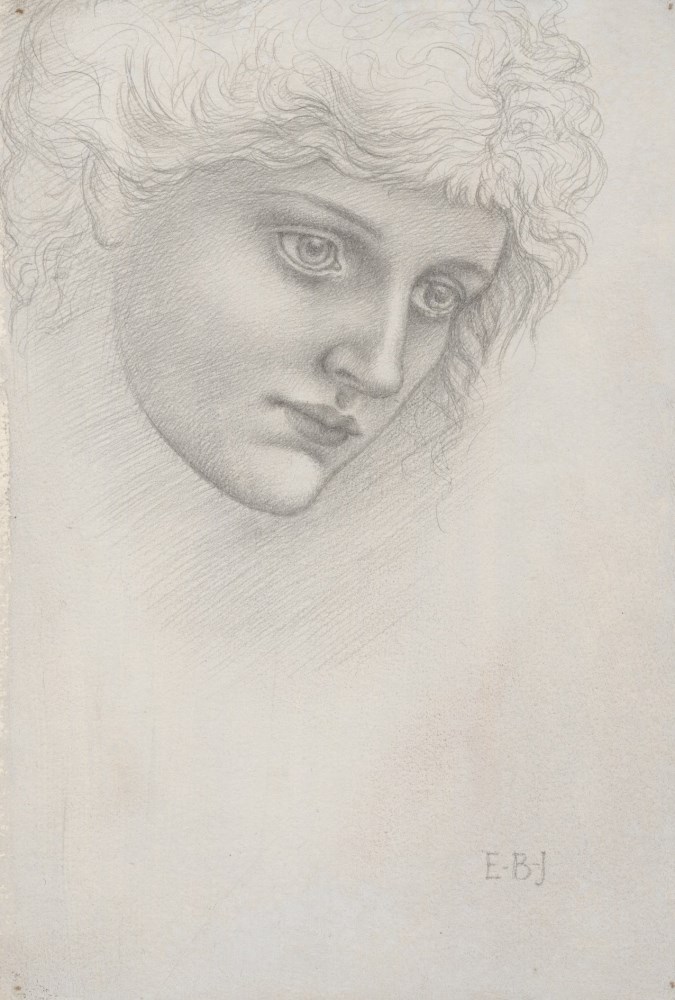 Lot #594: EDWARD BURNE-JONES [impute] - Study of a Woman's Head - Silver point or hard pencil drawing on paper covered with white ground
