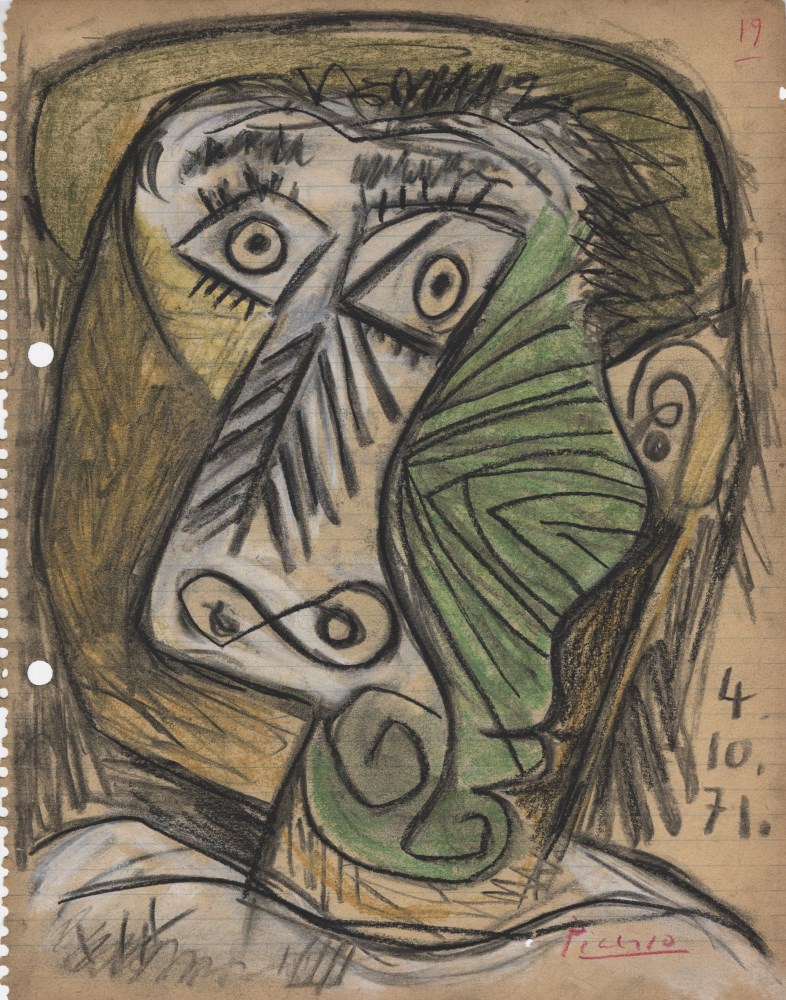 Lot #636: PABLO PICASSO - Tête 4-10-1971 - Charcoal, crayon, and watercolor drawing on paper