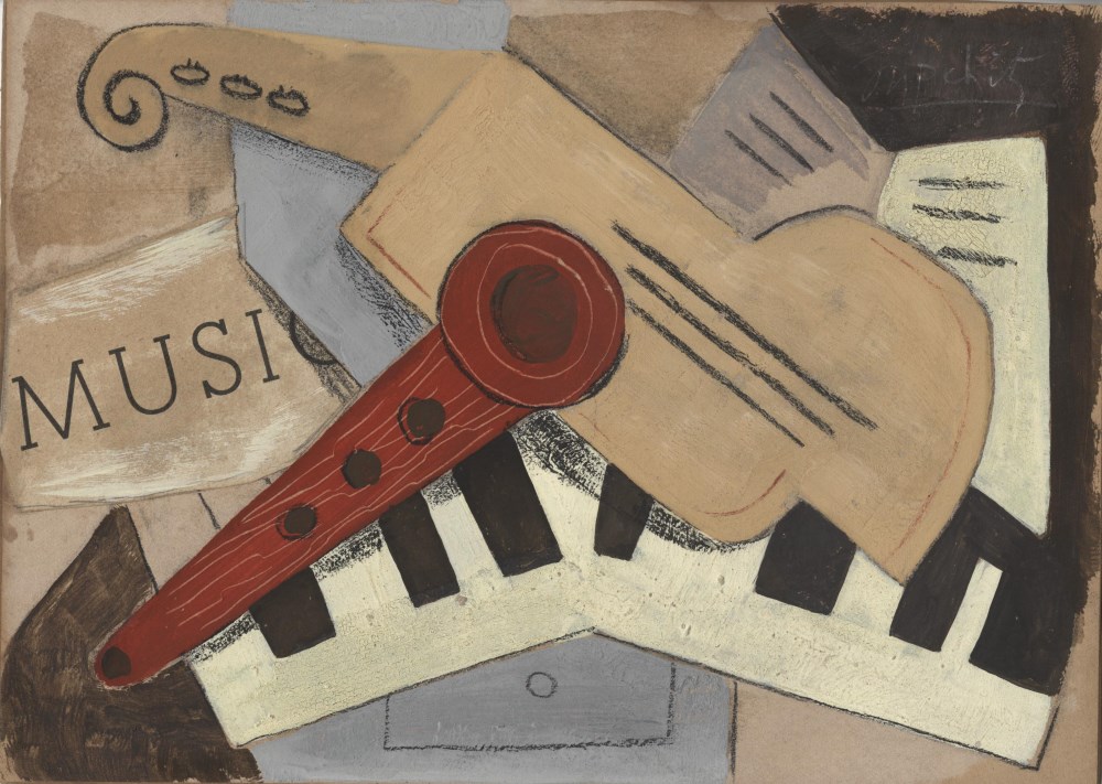 Lot #889: JACQUES LIPCHITZ - Composition avec des instruments - Papier colle (collage), oil, gouache, and charcoal painting on board