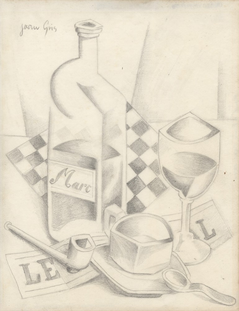Lot #1644: JUAN GRIS - Verre, damier, et bouteille de marc - Pencil drawing on paper