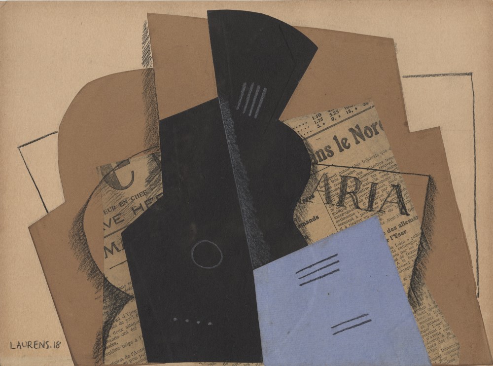 Lot #1184: HENRI LAURENS - Nature morte au violon - Papier colle (collage), charcoal, crayon, and chalk drawing on card