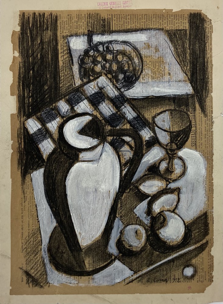 Lot #1577: CARLO CARRA - Natura morta - Gouache and charcoal drawing on newspaper laid to support sheet