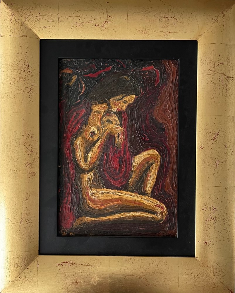 Lot #1183: DAVID ALFARO SIQUEIROS - Mujer desnuda sentada cerca del incendio - Oil on stiff paper board