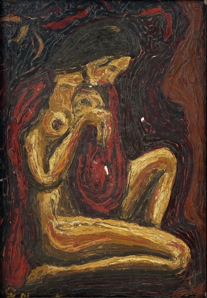 Lot #1183: DAVID ALFARO SIQUEIROS - Mujer desnuda sentada cerca del incendio - Oil on stiff paper board