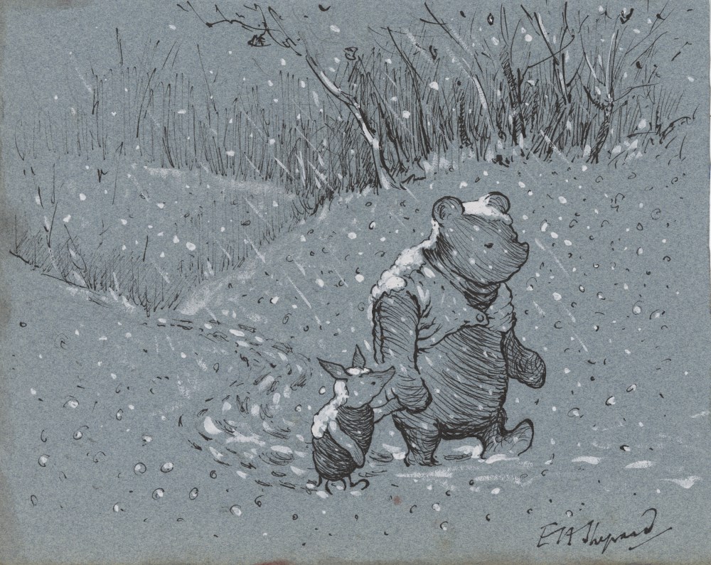 Lot #734: E(RNEST) H(OWARD) SHEPARD - Winnie the Pooh and Piglet in the Snow - Watercolor and ink drawing on paper