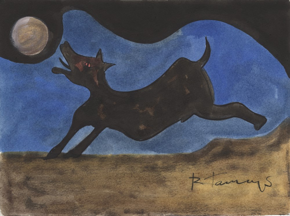 Lot #509: RUFINO TAMAYO - Perro ladrandole a la Luna - Watercolor and gouache drawing on paper