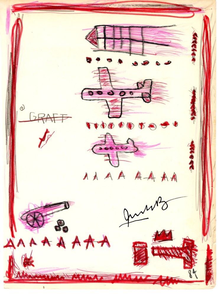 Lot #256: JEAN-MICHEL BASQUIAT - Graft - Crayon, marker, pen, and pencil drawing on paper