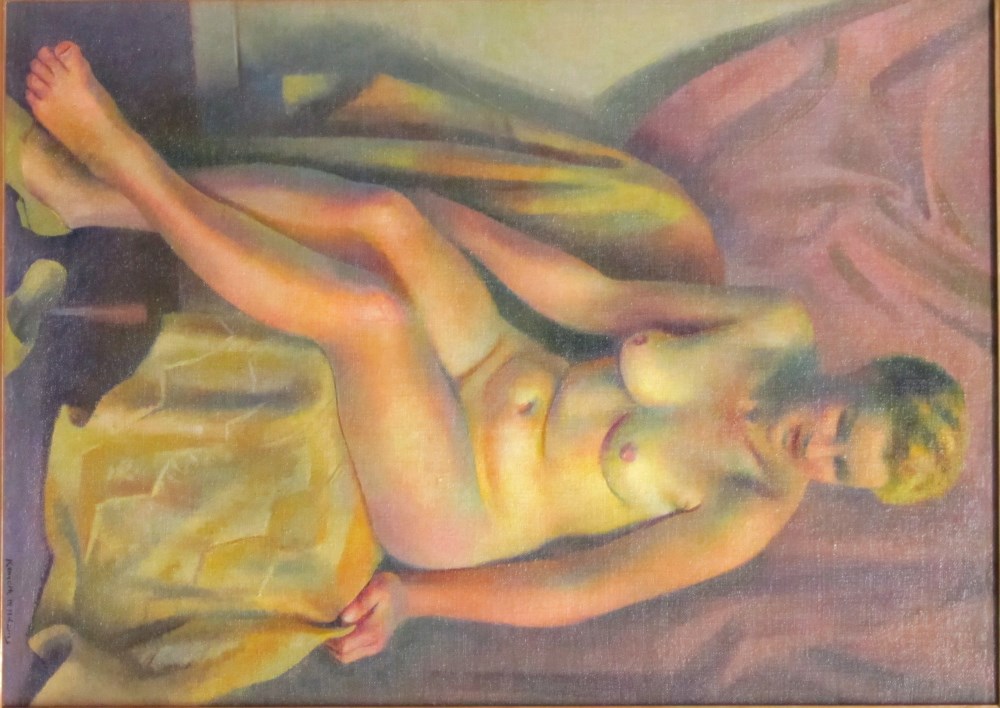 Lot #616: KENNNETH MILLER ADAMS - Taos Nude - Oil on canvas mounted on board