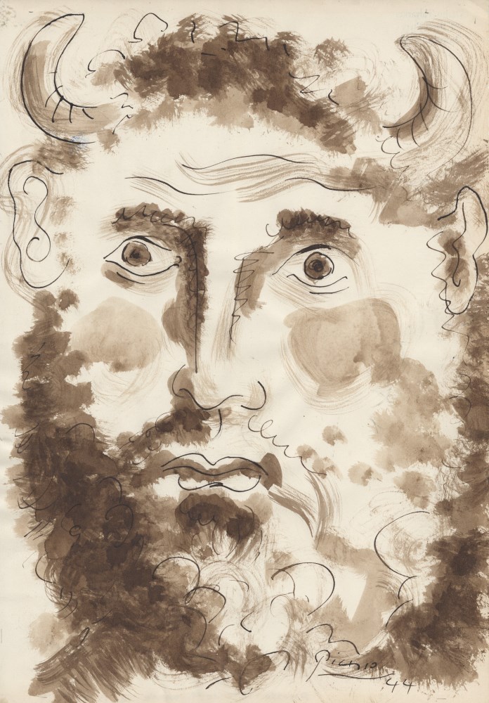 Lot #1396: PABLO PICASSO - Tête de Minotaure - Sepia ink and brush and wash drawing on paper