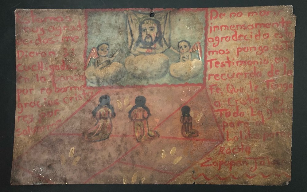 Lot #713: MEXICAN SCHOOL (EX-VOTO ARTIST) 20TH CENTURY - Vintage Ex-Voto/Retablo: Estamos muy agradecidos - Oil on tin