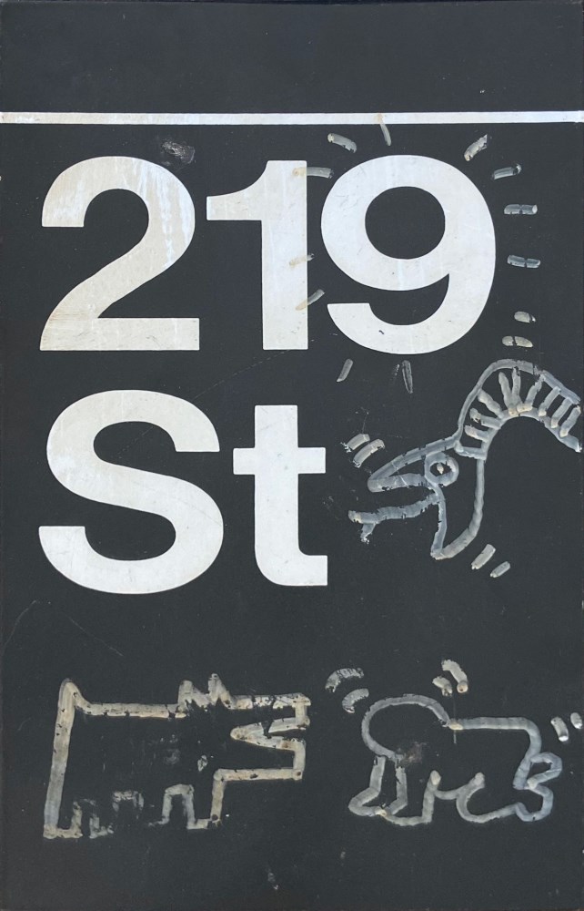 Lot #1376: KEITH HARING - Subway drawings: Radiant Baby [and] Barking Dog [and] Serpent - White acrylic drawings on enameled steel sign