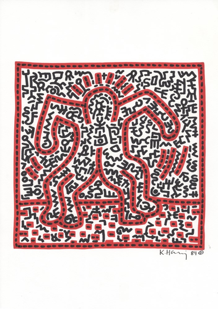 Lot #993: KEITH HARING - Four Legs - Black and red marker drawing on paper
