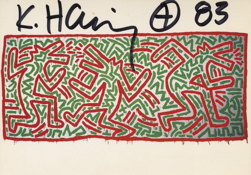 Lot #1463: KEITH HARING - Untitled 1981 (#2) [three barking dogs] - Color offset lithograph