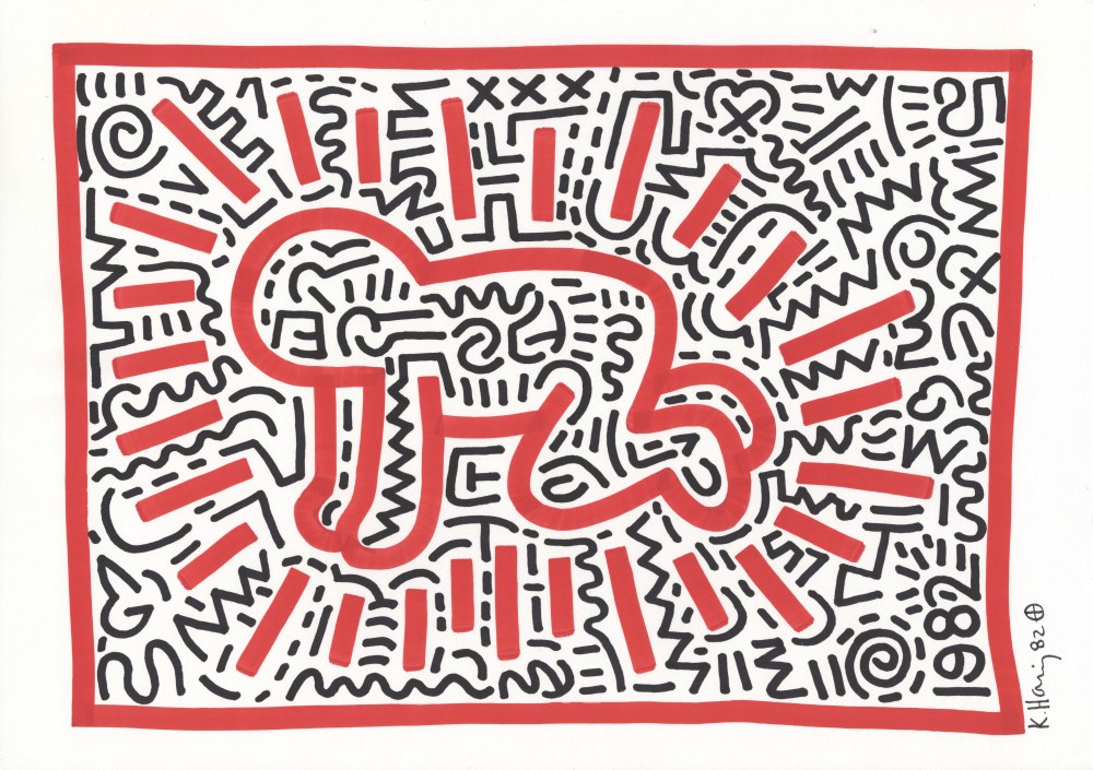 Lot #1290: KEITH HARING - Radiant Baby - Black and red marker drawing on paper