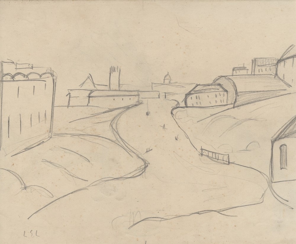 Lot #1378: L. S. LOWRY - Street Scene with Factories - Pencil drawing on paper