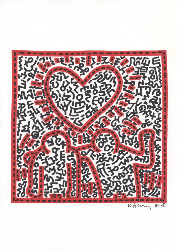 Lot #57: KEITH HARING - Best Buddies - Black and red marker drawing on paper