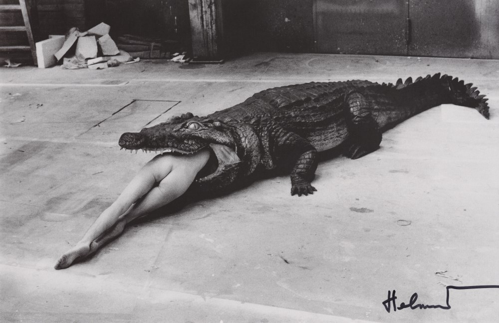 Lot #136: HELMUT NEWTON - Crocodile Eating Ballerina (Scene from Pina Bausch's Ballet "Die Keuschheitslegende," Dance Theater Wuppertal, Germany) - Original photolithograph