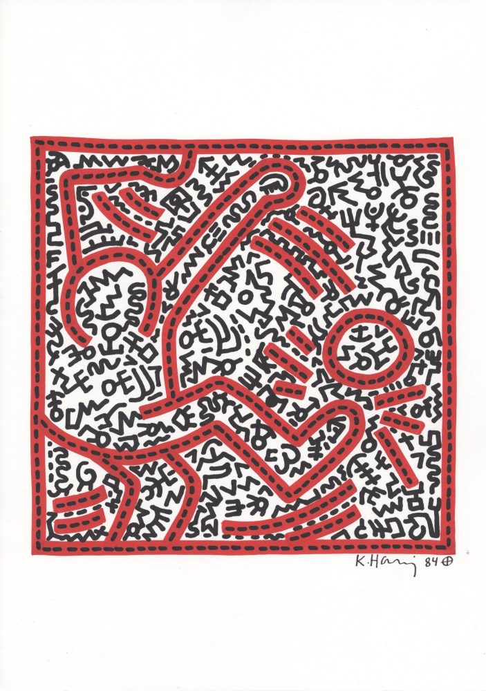 Lot #1358: KEITH HARING - Soccer Time - Black and red marker drawing on paper