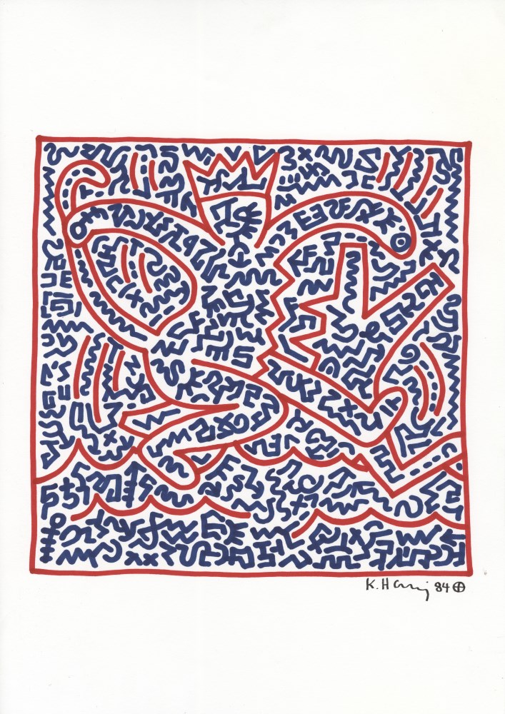 Lot #1174: KEITH HARING - Monkey King - Blue and red marker drawing on paper
