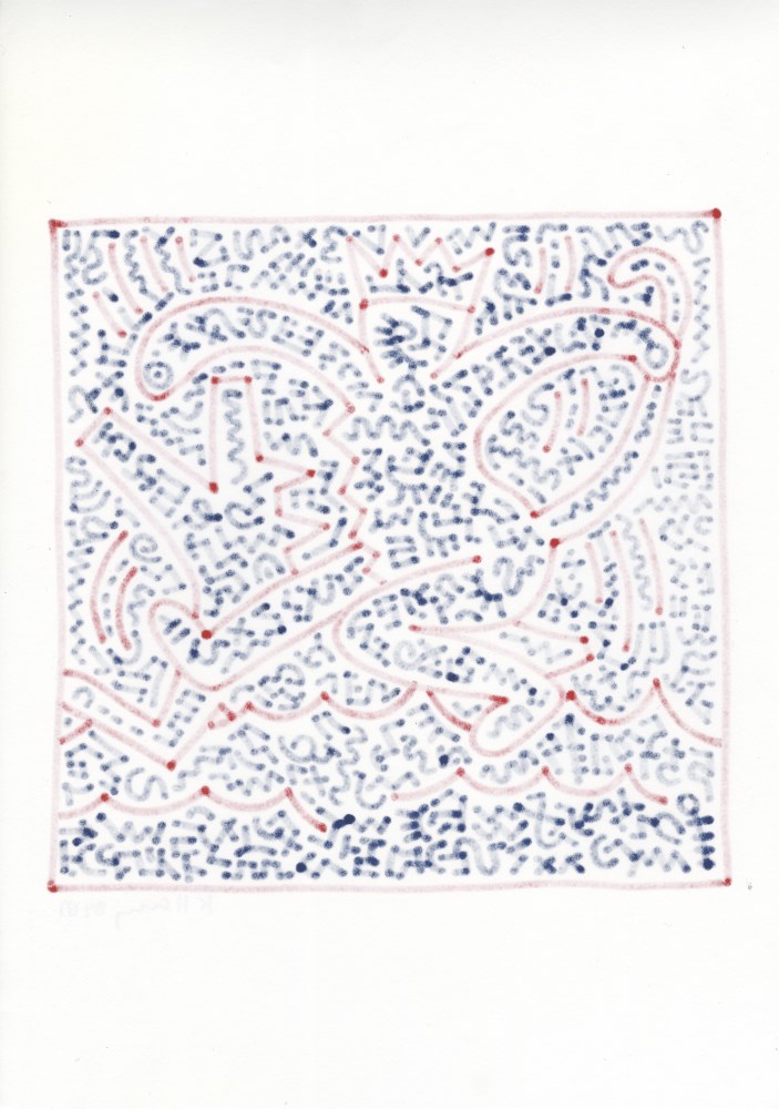 Lot #1174: KEITH HARING - Monkey King - Blue and red marker drawing on paper