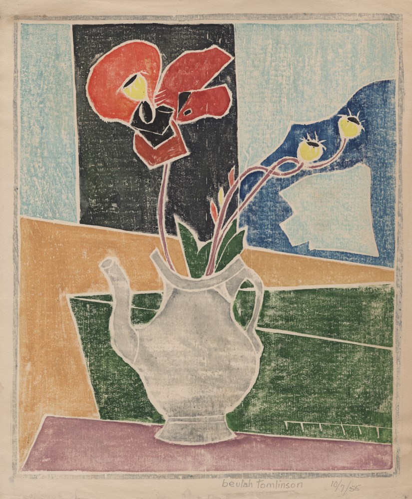 Lot #985: BEULAH TOMLINSON - Flowers and Pitcher at the Window - White line color woodcut