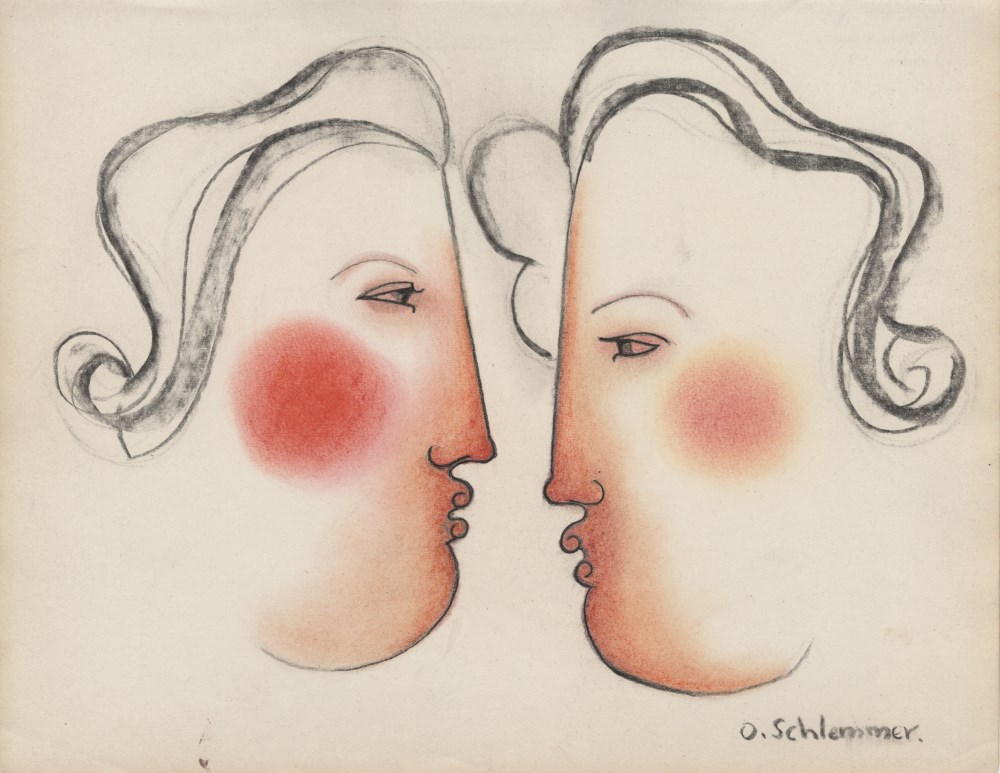 Lot #1650: OSKAR SCHLEMMER - Zwei Kpfe im Profil - Colored pencil, chalk, and pencil drawing on paper
