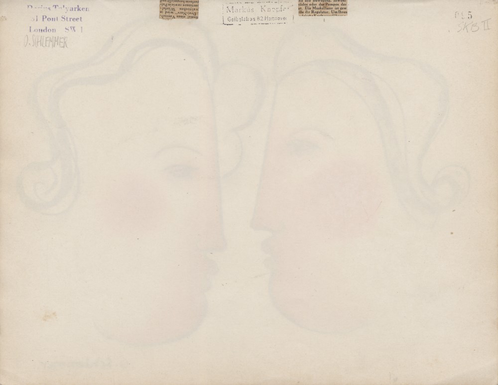 Lot #1650: OSKAR SCHLEMMER - Zwei Kpfe im Profil - Colored pencil, chalk, and pencil drawing on paper