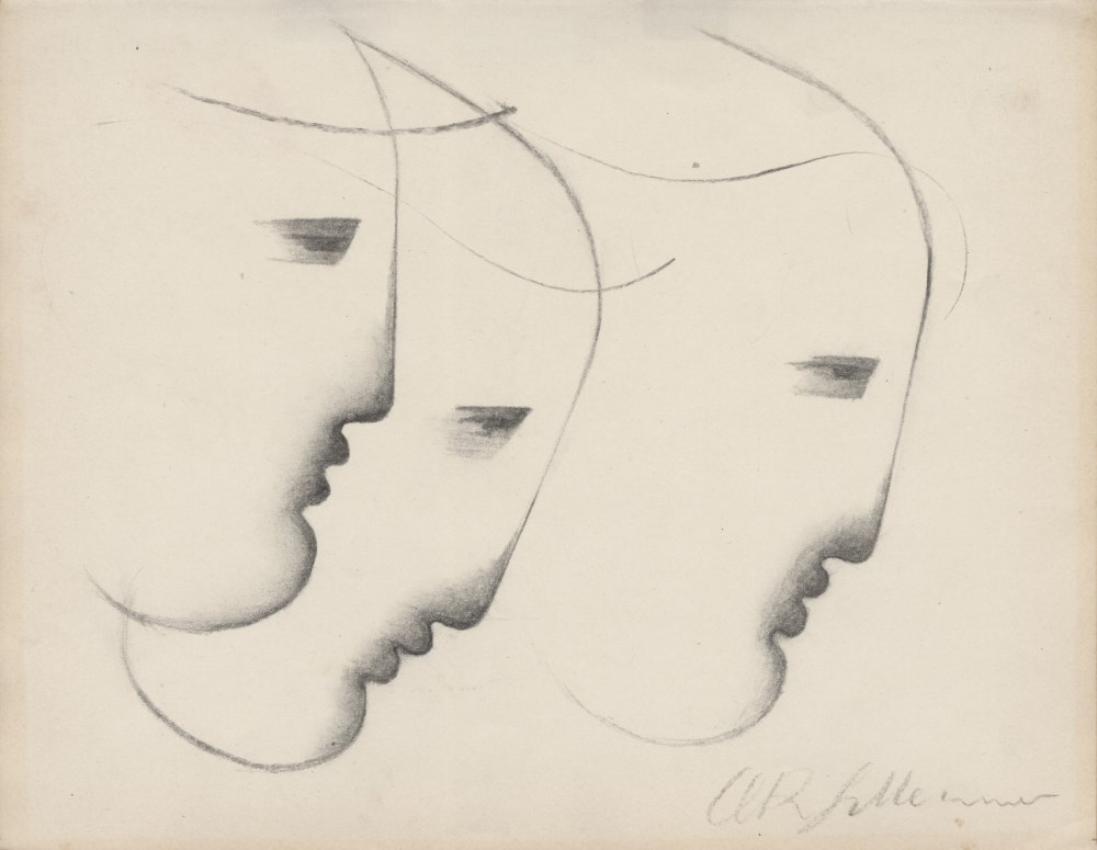 Lot #1603: OSKAR SCHLEMMER - Profil (Drei Kpfe nach rechts) - Chalk drawing on paper