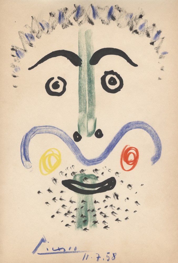 Lot #1041: PABLO PICASSO - Homme moustachu - Original crayon, ink, and felt-tip pen drawing on paper