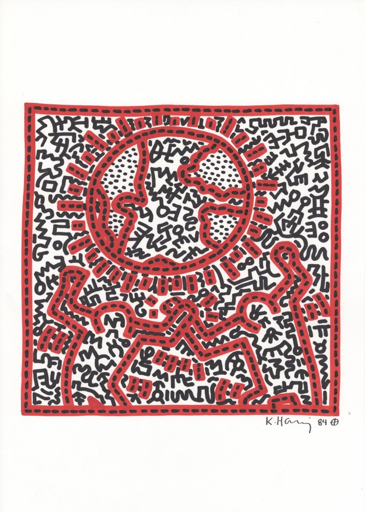 Lot #599: KEITH HARING - Sun Buddies - Original black and red marker drawing on paper