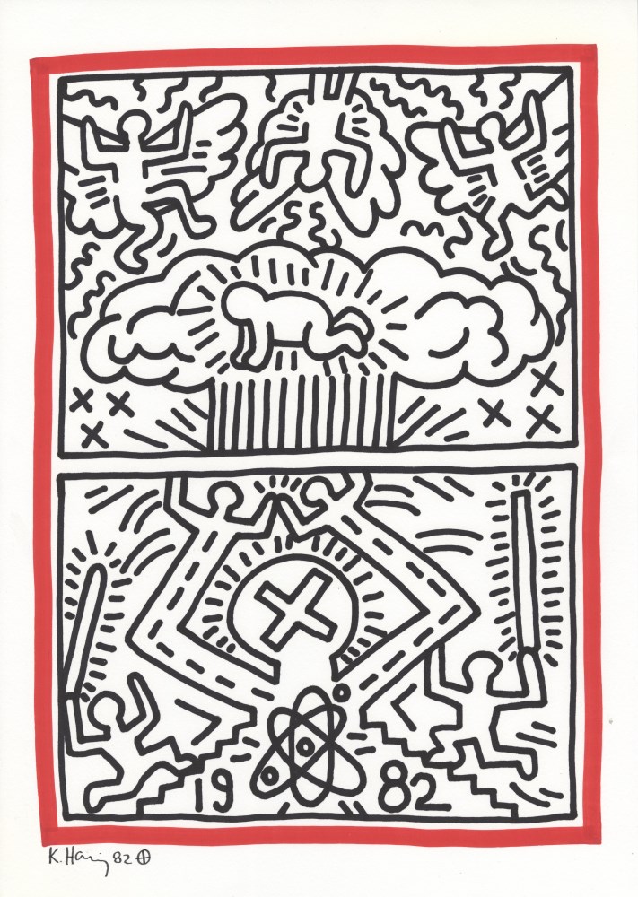 Lot #1290: KEITH HARING - Radiant Baby/Nuclear Creature - Original black and red marker drawing on paper