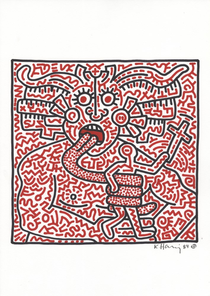 Lot #653: KEITH HARING - Tongue-tied - Original black and red marker drawing on paper