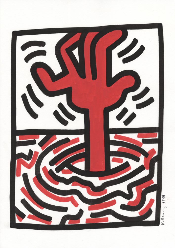 Lot #1287: KEITH HARING - Quicksand - Original black and red marker drawing on paper