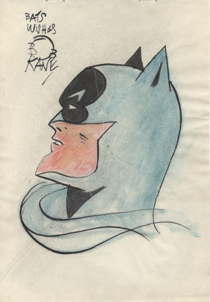 Lot #42: ROBERT "BOB" KANE - Batman: Light Blue Cowl - Pen and crayon drawing on paper